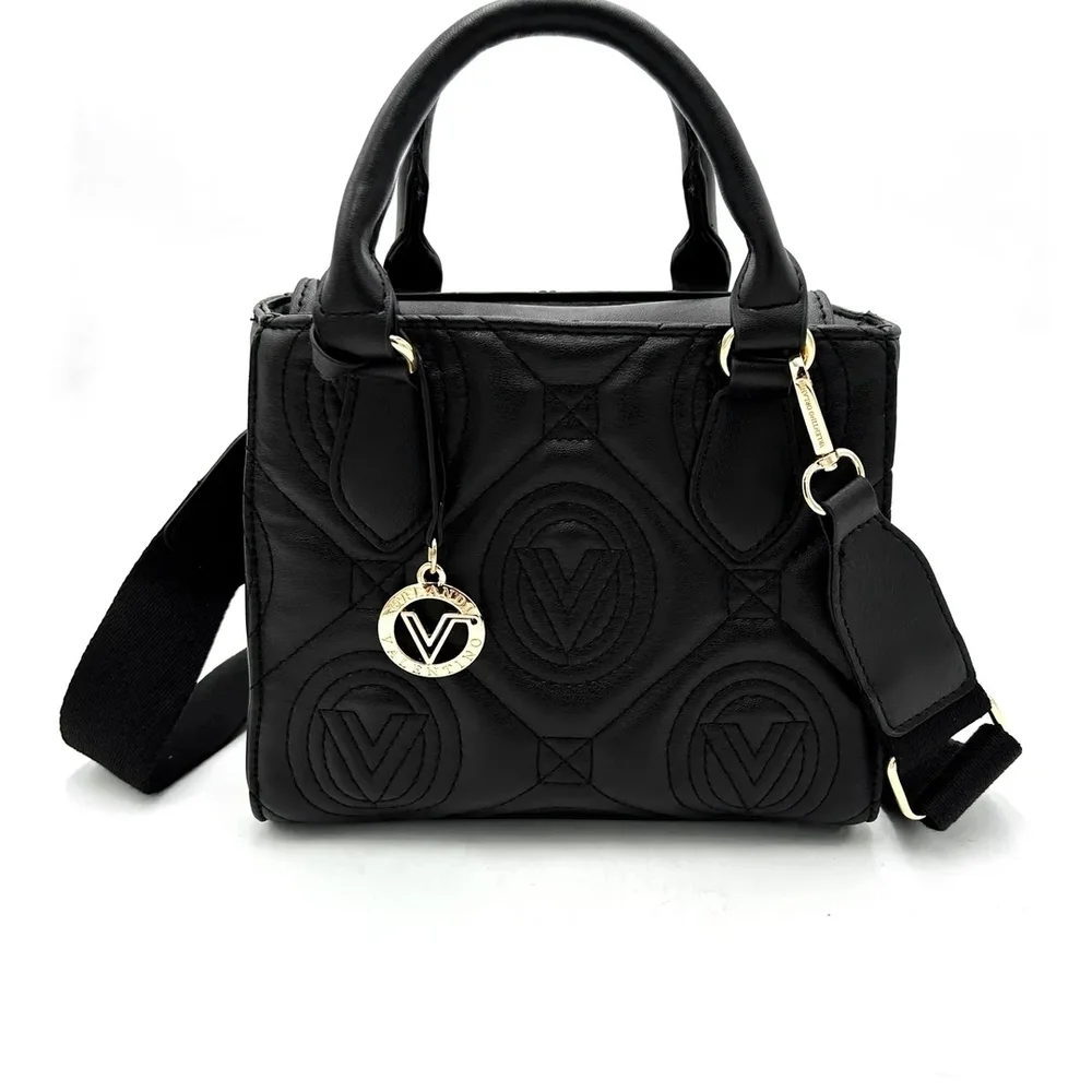 Valentino Orlandi Black Quilted Satchel with Gold Logo Charm and Strap